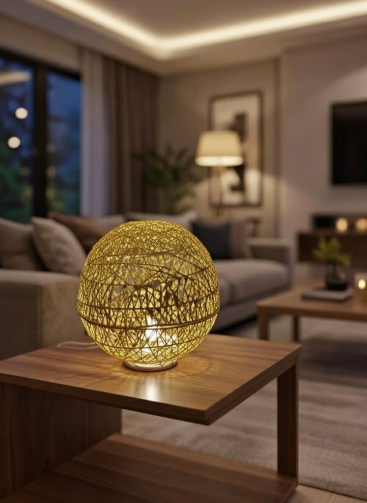 Golden decorative metal ball with soft lighting, wire-free, suitable for living room and lounge decor