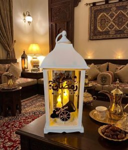Modern white Ramadan lantern with warm LED lighting, battery operated