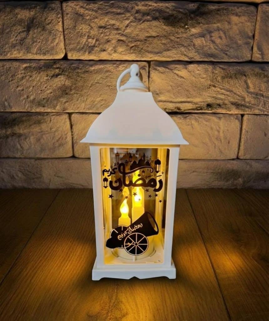 Wireless battery-operated Ramadan lantern with a modern white design